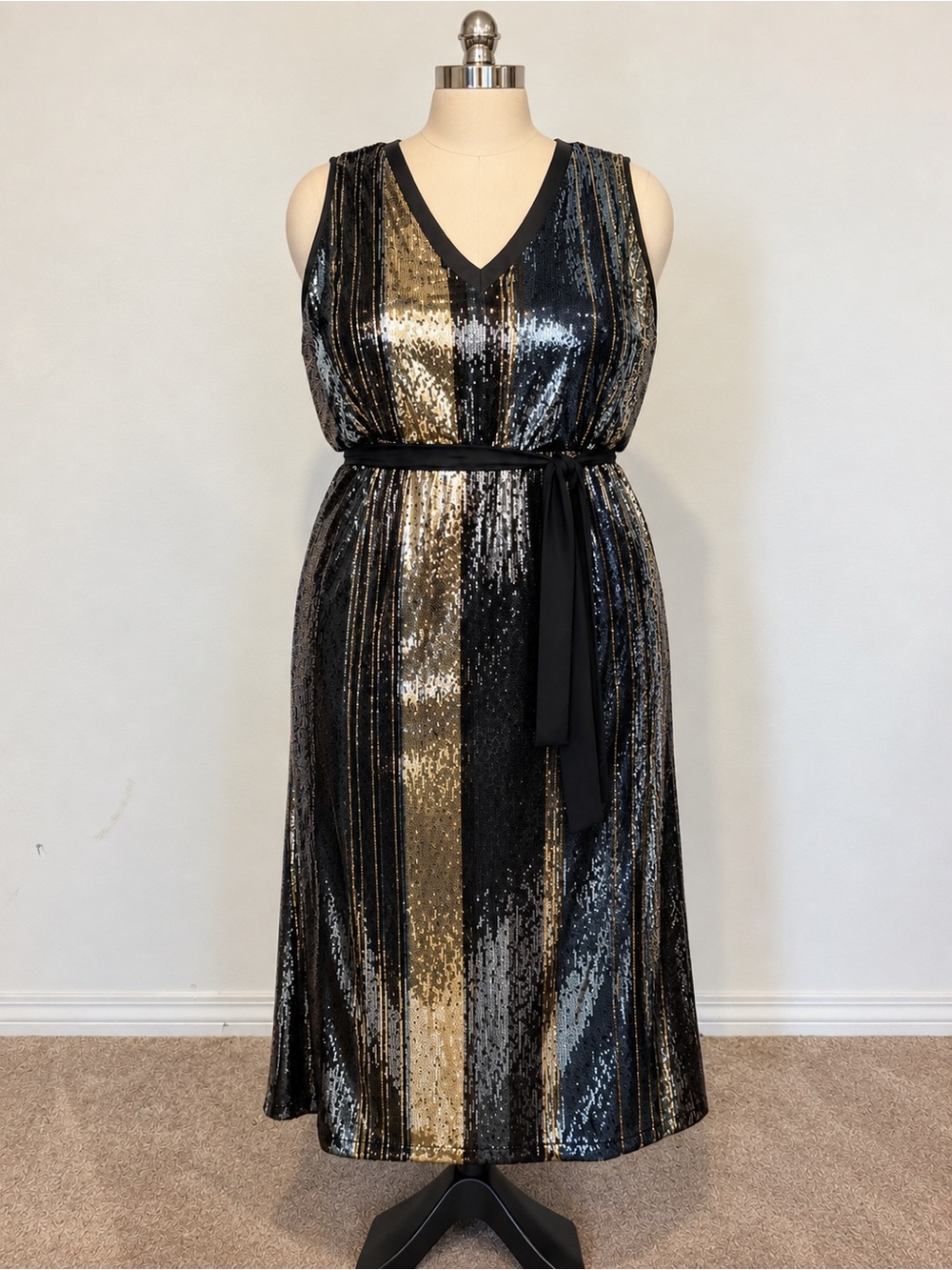 Lane Bryant Black and Gold Sequin V-Neck Midi Dress with Sash